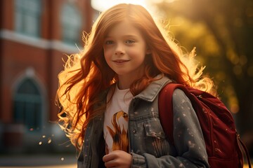 Sticker - Young girl with red hair and backpack in sunlight. back to school