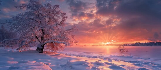 Wall Mural - A beautiful sunset over a snowy landscape. The sky is filled with clouds and the sun is setting, casting a warm glow over the snow. The scene is peaceful and serene