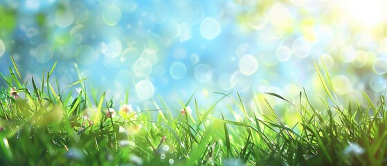 Wall Mural - Beautiful sunny spring meadow with green grass blue sky abstract background