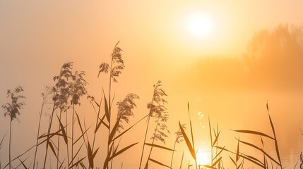 Poster - Sunrise over foggy lake Reeds in the foreground on the lake coast  Sun is rising on the further river bank : Generative AI