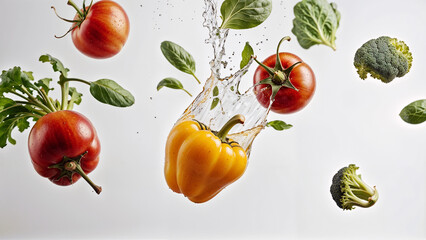 Wall Mural - Close-up, vegetables falling on a white background with splashes of water