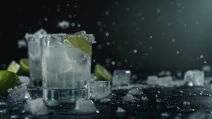 Poster - Delicious Margarita cocktail with ice cubes in glasses and lime on table closeup : Generative AI