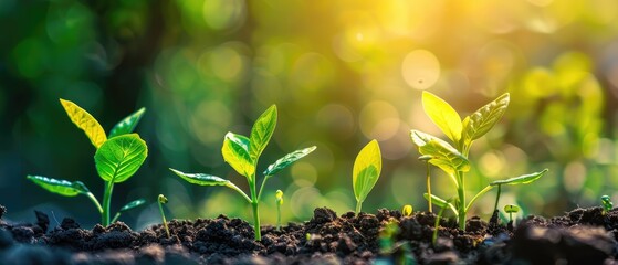 Warm sunlight nurturing nature promise closeup of green growth saplings and seedlings embracing