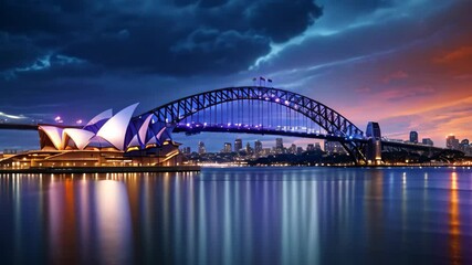 Wall Mural - Sydney Opera House and Sydney Harbour Bridge at sunset, Australia, Sydney Opera House and the Sydney Harbour Bridge during twilight, Australia