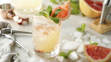 Poster - Grapefruit margarita or lemonade cocktail with cold champagne Refreshing summer cocktail with garnish of a piece of grapefruit and mint on a light background with bar tools and ingredi : Generative AI