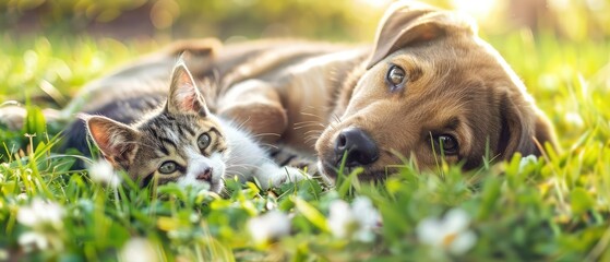 Green grass field nature in a spring sunny background with cute dog and cat lying together