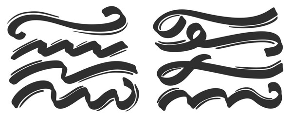 Wall Mural - Swoosh vector lines. Swish and swash underline. Swirl strokes and squiggle curly calligraphy tails. Decorative flourish and divider. Doodle sketch elements.