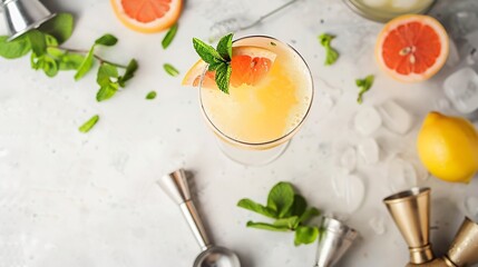 Poster - Grapefruit margarita or lemonade cocktail with cold champagne Refreshing summer cocktail with garnish of a piece of grapefruit and mint on a light background with bar tools and ingredi : Generative AI