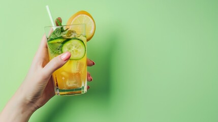 Poster - Hand holding glass with refreshing sweet and sour cocktail with lien and cucumber taste against green background Concept of alcohol and nonalcohol drink party holidays Poster Copy spac : Generative AI