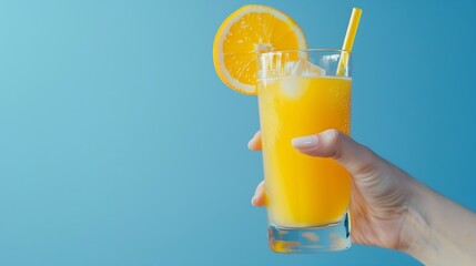 Poster - Female hand holding cocktail with orange juice against blue background New York sour traditional cocktail Concept of alcohol and nonalcohol drink party holidays bar Poster Copy space f : Generative AI