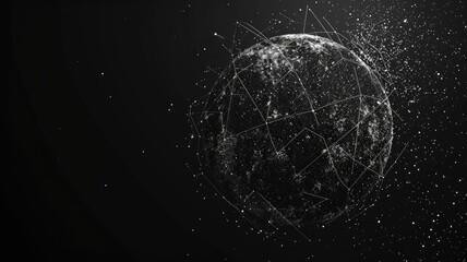 Digital globe with connected lines and dots on black background. Digital artwork of planet reflect with white light and black background. Global network and technology concept for wallpaper. AIG53F.
