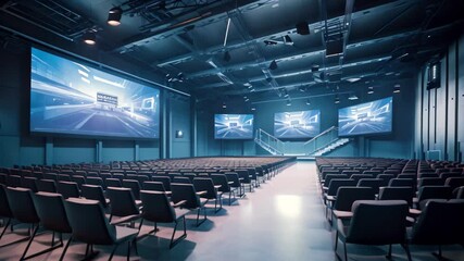 Poster - Cinema hall with rows of seats and screens. 3d rendering, A modern training hall with chairs facing a giant stage with one big screen displaying