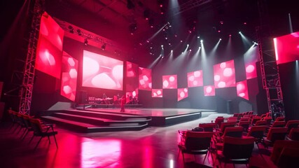 Poster - Stage Spotlight with Red Chairs, Stage Spotlight on Stage, Stage Background, A modern training hall with chairs facing a giant stage with one big screen displaying