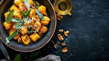 pumpkin shaped gnocchi with brown butter parmesan sauce with sage : Generative AI