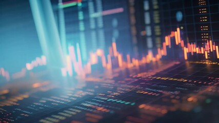 Poster - financial stock market graph on technology abstract background. Finance and trade concept. Double exposure, Abstract stock market data on a digital screen, closeup with selective