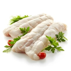 Fresh raw fish fillets on white background