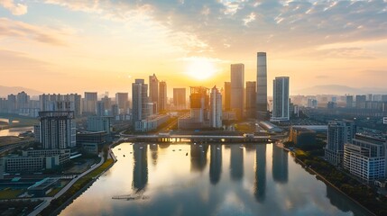 Poster - Aerial view of city skyline and modern buildings at sunrise in Ningbo Zhejiang Province China East new town of Ningbo It is the economic cultural and commercial center of Ningbo City : Generative AI