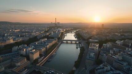 Poster - Paris aerial panorama with river Seine and Eiffel tower France Romantic summer holidays vacation destination Panoramic view above historical Parisian buildings and landmarks with sunse : Generative AI