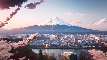 Wall Mural - Mount Fuji and Cherry Blossom at Kawaguchiko lake in Japan, Aerial view of Tokyo cityscape with Mount Fuji in Japan