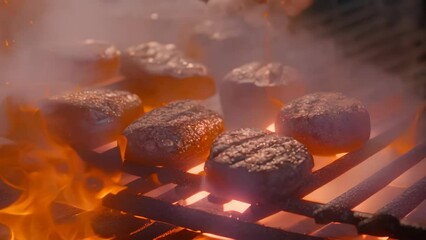 Wall Mural - Grilled beef steaks on the barbecue grill with flames and smoke, Barbecue grill pit with glowing and flaming hot charcoal briquettes, close-up