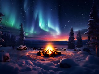 campfire with aurora lights in snowy landscape