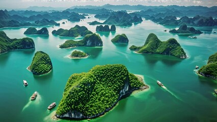 Wall Mural - Aerial view of Ha Long bay, Vietnam. Landscape with islands and boats, Beautiful landscape of Halong Bay viewed from above the Bo Hon Island