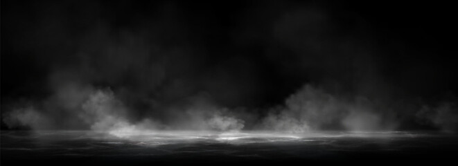 Smoke clouds above black water surface. Vector realistic illustration of white fog, steam, mist over spooky sea waves, dark river splashing in scary smog, mysterious Halloween atmosphere, horror night