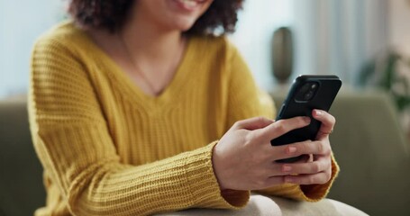 Canvas Print - Woman, hands and typing with phone on sofa for online chatting, texting or app at home. Closeup of female person with smile on mobile smartphone for browsing, research or news in living room at house