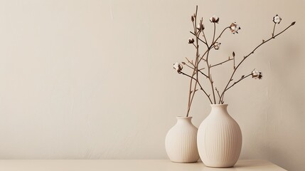 Poster - Beige ceramic vases with dry cotton branches Stylish and minimalistic background for display your products in living room Scandinavian interior Modern home decor Copy space : Generative AI