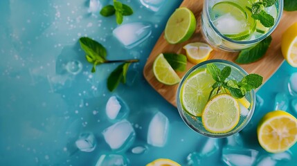 Poster - Two glasses of mojito cocktail or tonic with lemon lime mint and ice on a wooden board Summer concept of refreshing drink with citrus fruits on a blue background Top view and copy spac : Generative AI