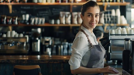 Poster - Welcome coffee shop and portrait of woman with confidence at counter waitress or barista at restaurant startup Bistro bar service and drinks happy small business owner manager or boss  : Generative AI