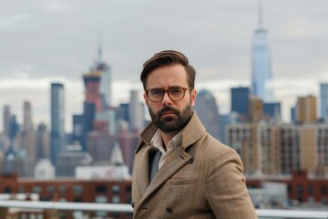 Wall Mural - Portrait of stylish man in front of urban skyline