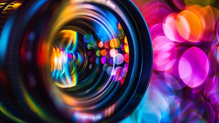 Aufkleber - Close up Beautiful camera lens with multi colored light Background pattern for design : Generative AI