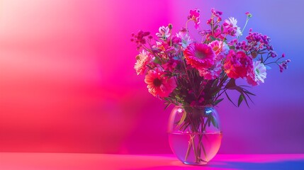 Wall Mural - Holiday mood Beautiful bouquet of flowers abstract floral composition in glass vase over pink magenta background in neon light Concept of floristry decorations creativity decor : Generative AI