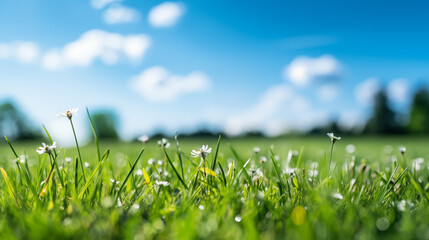 Wall Mural - a fresh spring sunny garden background of green grass and blurred foliage bokeh.