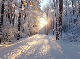 Canvas Print - Sunlit snowy path through the woods