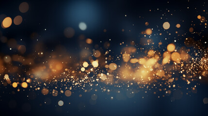 Golden light shine particles bokeh on black background. Holiday concept.