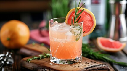 Poster - Grapefruit cocktail with rosemary garnish in a glass served on a wooden cutting board Vibrant refreshing drink perfect for summer menu or cocktail recipes Greyhound lemonade paloma moc : Generative AI