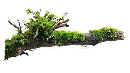 Aufkleber - Green moss on rotten branch isolated on white side view : Generative AI