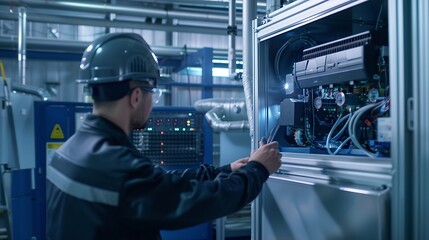 Fototapete - Engineer uploading cooling system operation data to cloud computing system which modern industrial machines can operated controlled remotely via virtual interface IoT and modern indust : Generative AI