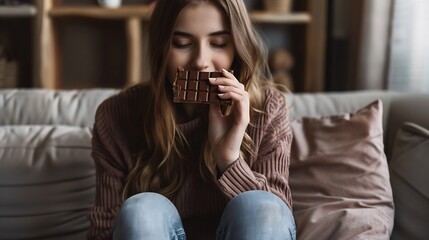 Home relax and woman with chocolate bar smile and eating with candy hungry and dessert Person apartment or girl on a sofa candy or sweet treats with a snack nutrition or diet plan with : Generative AI