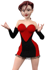 Wall Mural - Abstract 3D cartoon character of a brunette woman with big brown eyes. Expressive beautiful cute cartoon fashion girl in red and black short dress, 3D Illustration.