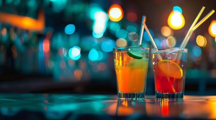 Poster - Cocktail drinks served in glasses with drinking straws on top counter bar : Generative AI