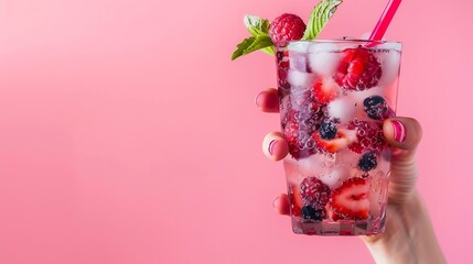 Poster - Human hand holding sweet and sour fruity cocktail with berries against pink background Concept of alcohol and nonalcohol drink party holidays bar mix Poster Copy space for ad : Generative AI