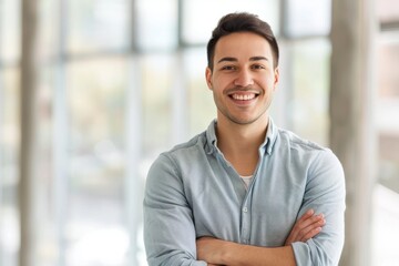 Wall Mural - portrait of young male executive standing with crossed arms dressed in casual clothing