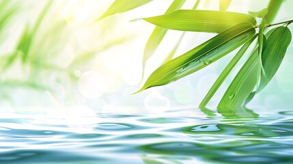 Poster - spa background banner with green bamboo leaf on white transparent water wave in sunlight beautiful concept wallpaper with copy space for travel or cosmetics : Generative AI