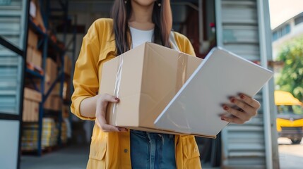 Aufkleber - Young business owner woman prepare parcel box and standing check online orders for deliver to customer on tablet laptop Shopping Online concept : Generative AI