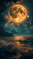 Poster - Huge moon over the sea at night