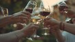 © The Little Hut - Close Up Shot of People Cheers Making Toasts and Touch with red Wine People Drink wine enjoy  Happy friends having fun outdoor  A group of girlfriends raise a toast with glasses of whi : Generative AI