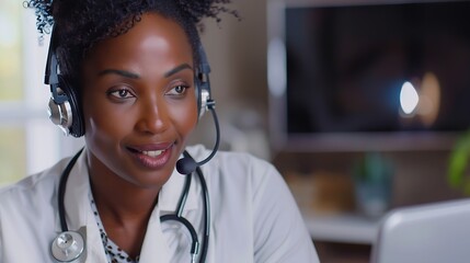 Poster - Cute smart African American female doctor wearing a headset giving online healthcare advice via webcam video chat and patient consultation online or telemedicine services : Generative AI